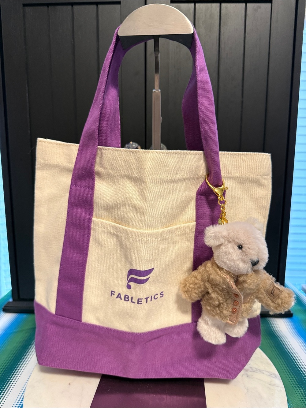 Fabletics Cream Canvas Tote with Purple Straps and Base